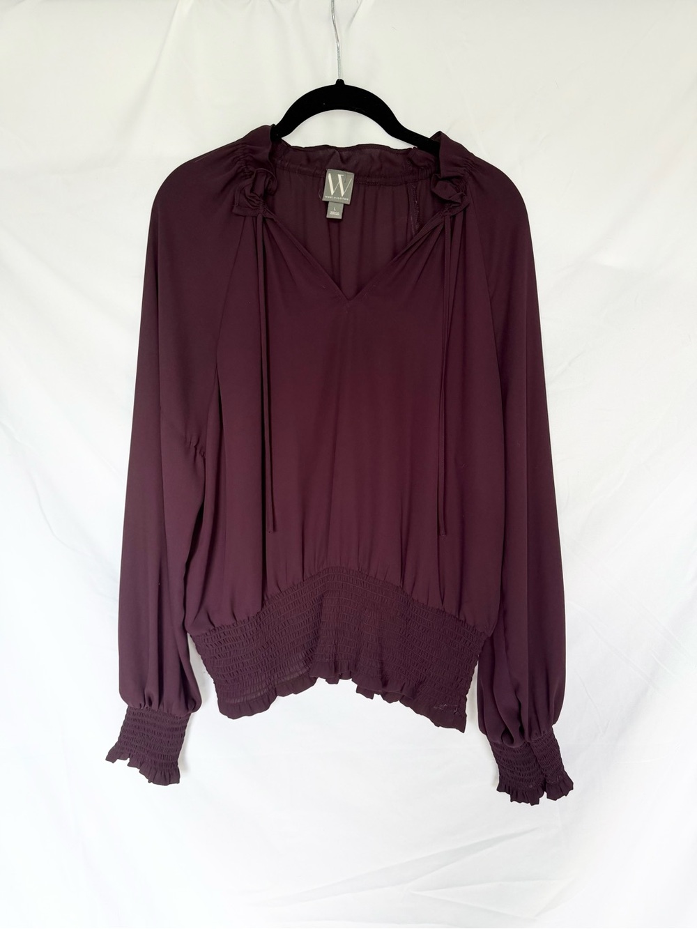 Worthington Plum V-Neck Long Sleeve Work Blouse with Smocked Hem